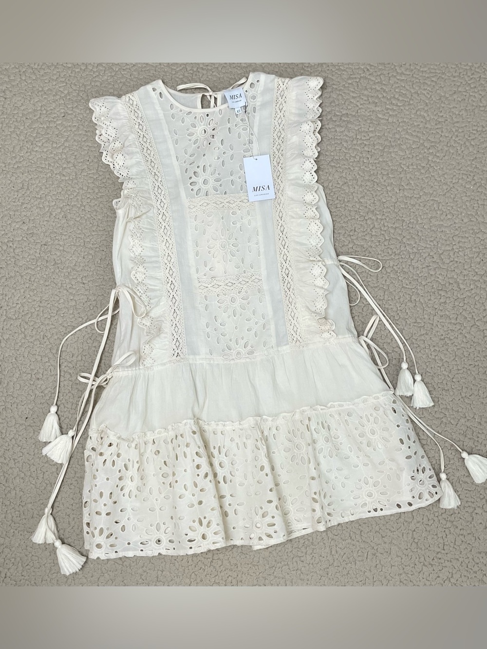 MISA Marieta Tiered Eyelet Tassel Flutter Sleeve Mini Dress